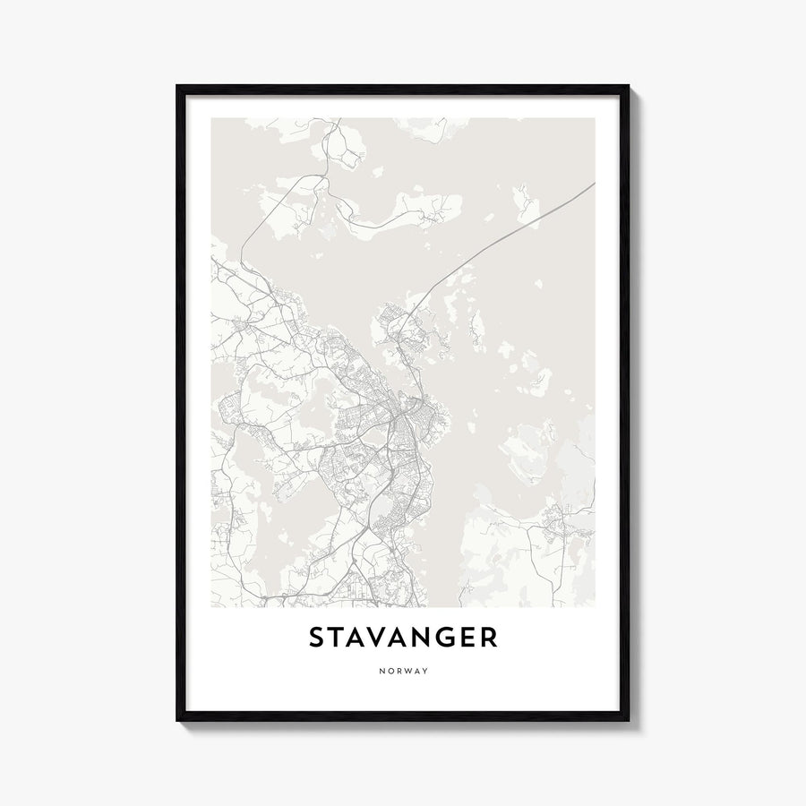 Stavanger black & white map poster of Norway – vertical wall art, unframed print shown in interior mockup