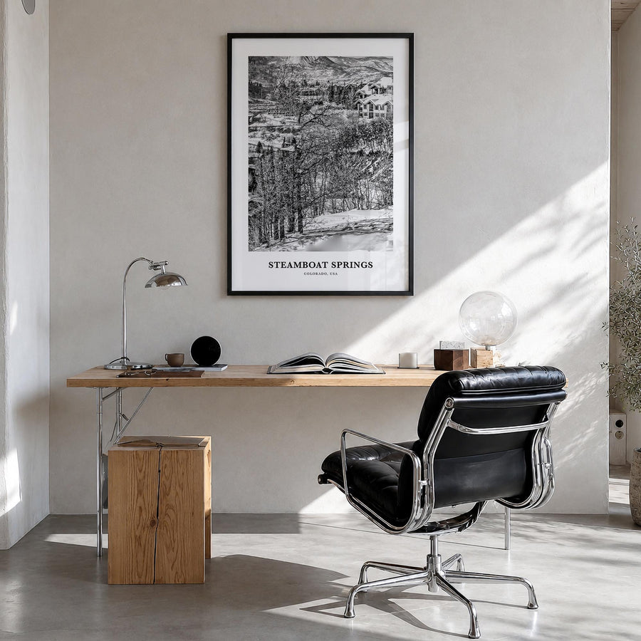 Steamboat Springs black & white classic poster of Colorado, USA – vertical wall art in black wood frame, hanging on wall