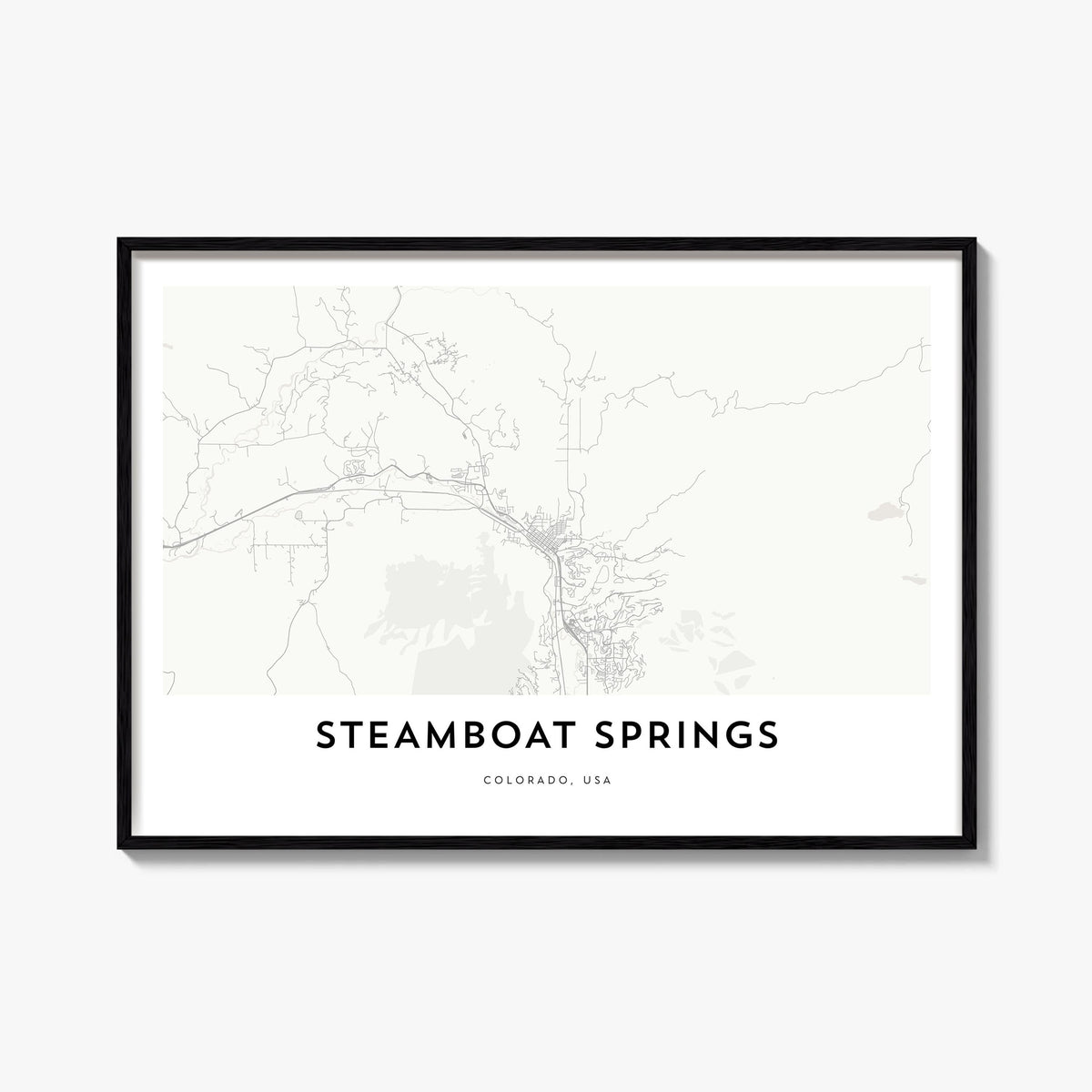 Steamboat Springs black & white map poster of Colorado, USA – horizontal wall art, unframed print shown in interior mockup