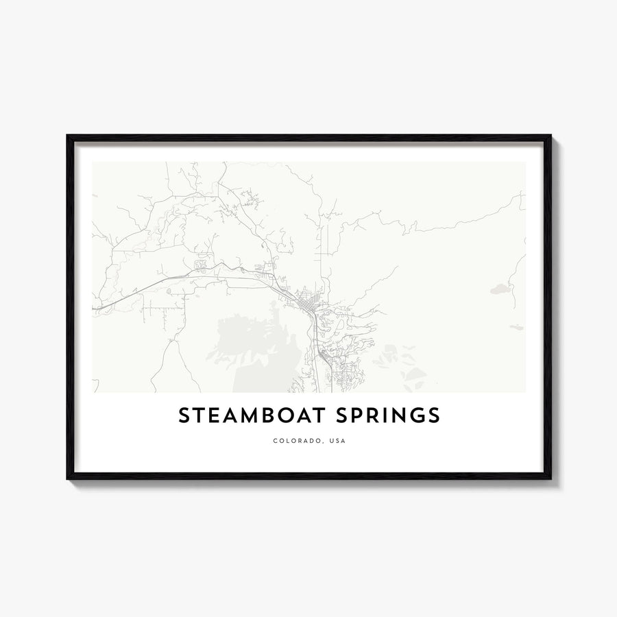 Steamboat Springs black & white map poster of Colorado, USA – horizontal wall art, unframed print shown in interior mockup