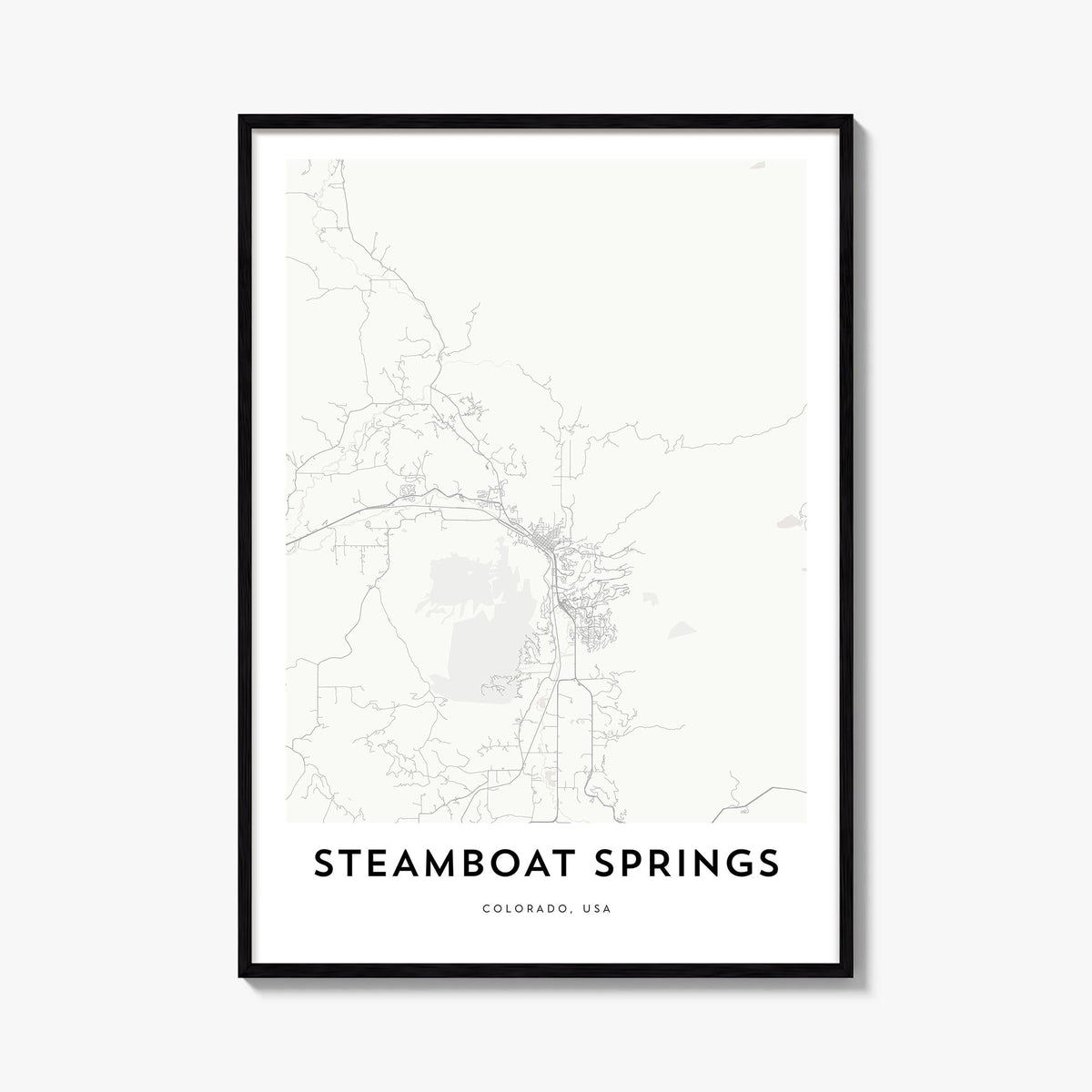 Steamboat Springs black & white map poster of Colorado, USA – vertical wall art, unframed print shown in interior mockup