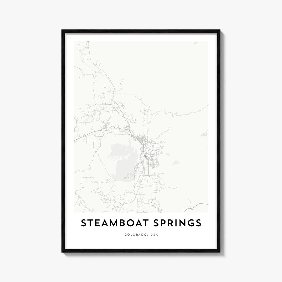 Steamboat Springs black & white map poster of Colorado, USA – vertical wall art, unframed print shown in interior mockup