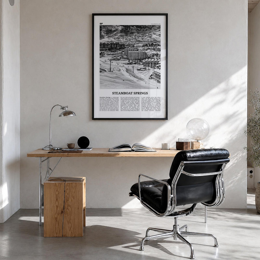 Steamboat Springs no. 1 black & white newspaper poster of Colorado, USA – vertical wall art in black wood frame, hanging on w