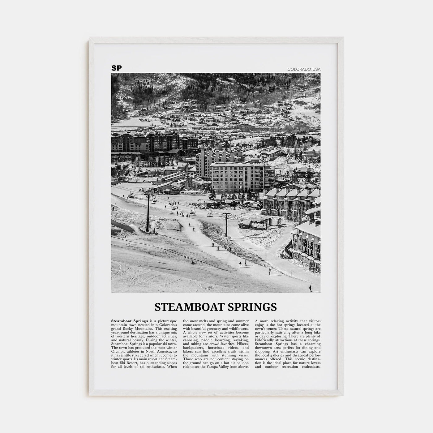 Steamboat Springs No 1 Poster White Wood / 8x12 in Nbourhood Travel B&W Poster