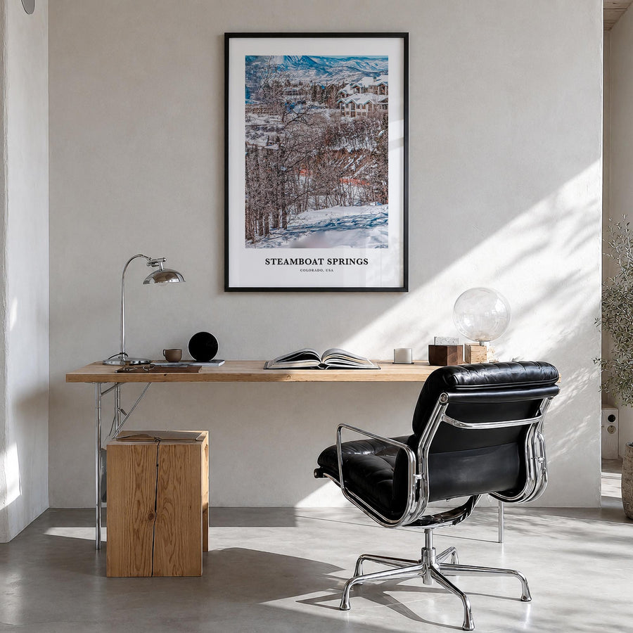 Steamboat Springs no. 2 colorful classic poster of Colorado, USA – vertical wall art in black wood frame, hanging on wall