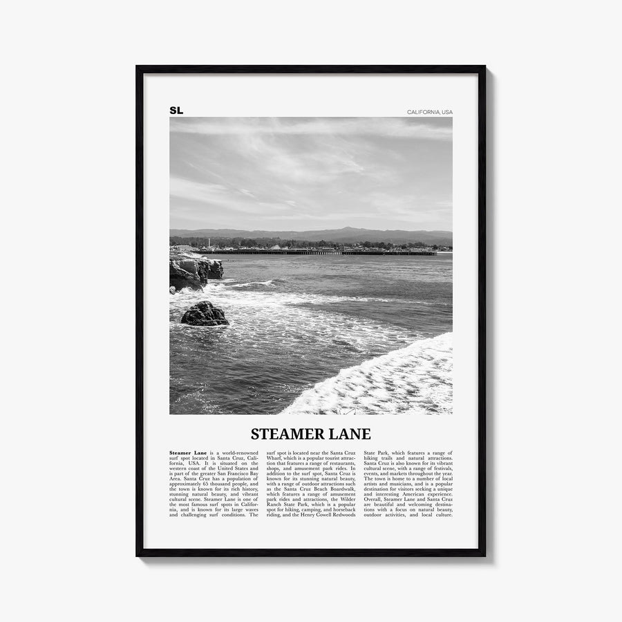 Steamer Lane black & white newspaper poster of Santa Cruz, California – vertical wall art, unframed print shown in interior m