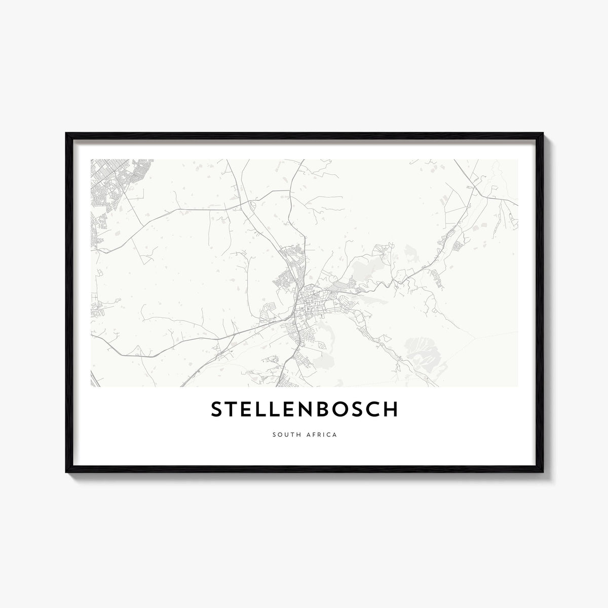 Stellenbosch black & white map poster of South Africa – horizontal wall art, unframed print shown in interior mockup