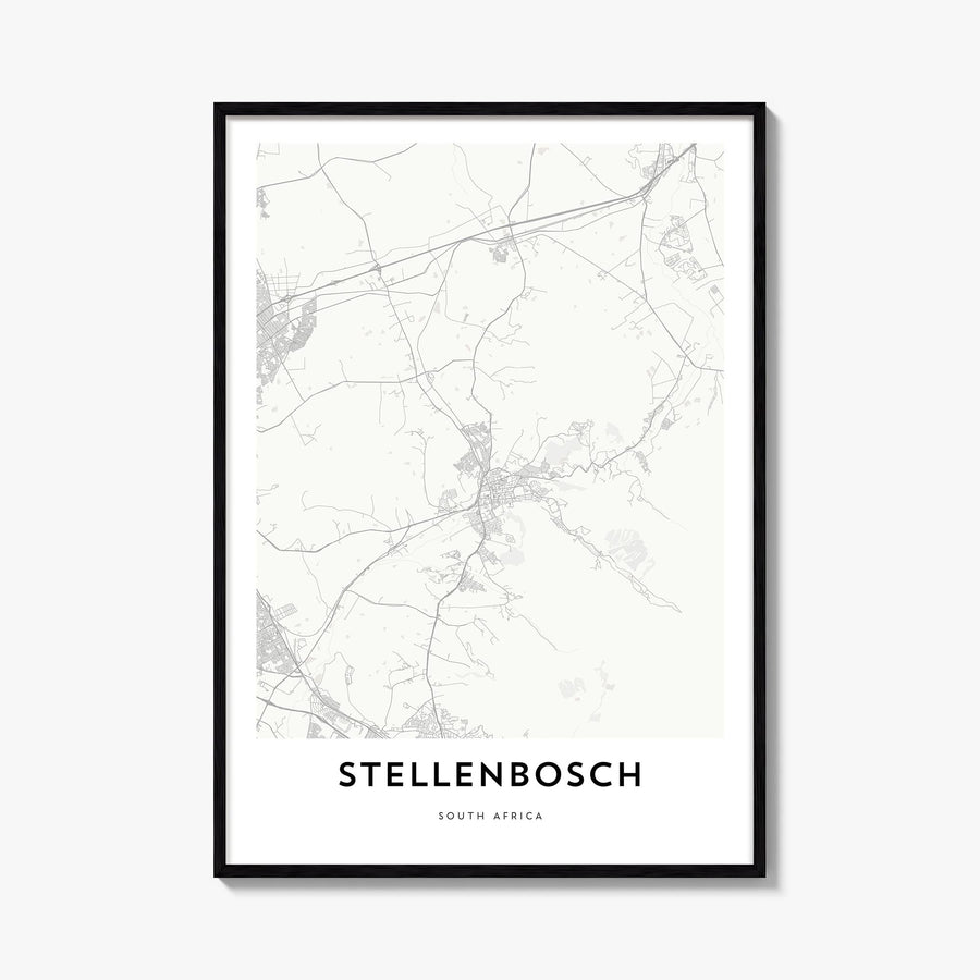 Stellenbosch black & white map poster of South Africa – vertical wall art, unframed print shown in interior mockup