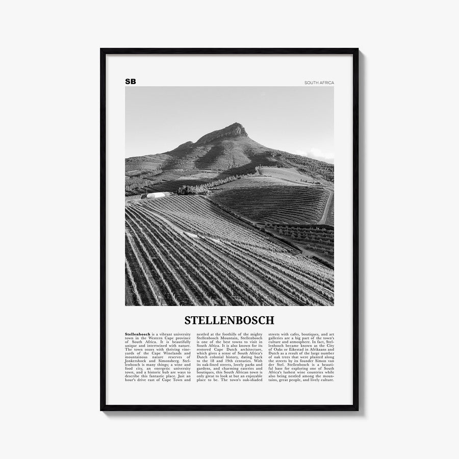 Stellenbosch black & white newspaper poster of South Africa – vertical wall art, unframed print shown in interior mockup