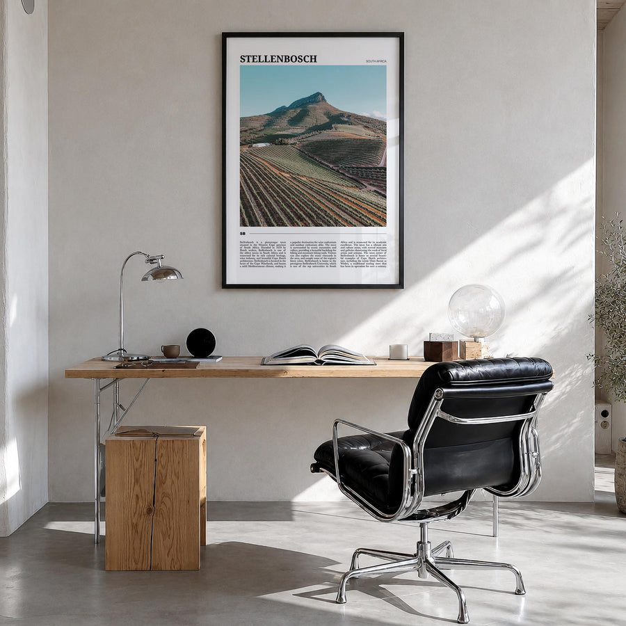 Stellenbosch colorful travel poster of South Africa – vertical wall art in black wood frame, hanging on wall