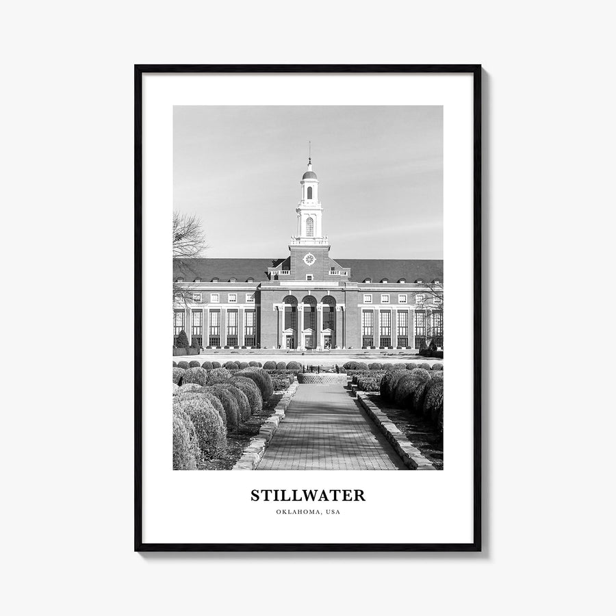 Stillwater black & white classic poster of Oklahoma, USA – vertical wall art, unframed print shown in interior mockup
