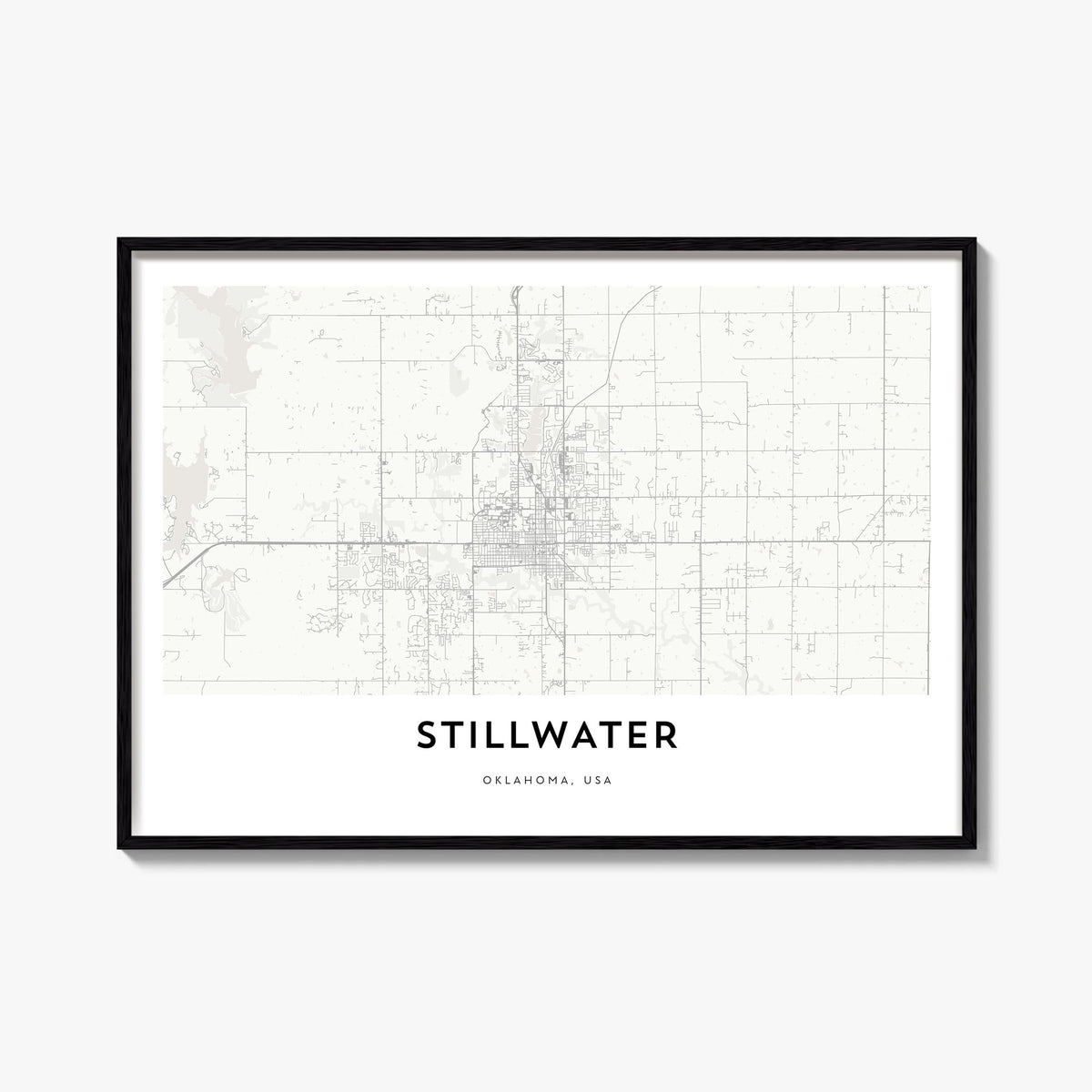 Stillwater black & white map poster of Oklahoma, USA – horizontal wall art, unframed print shown in interior mockup
