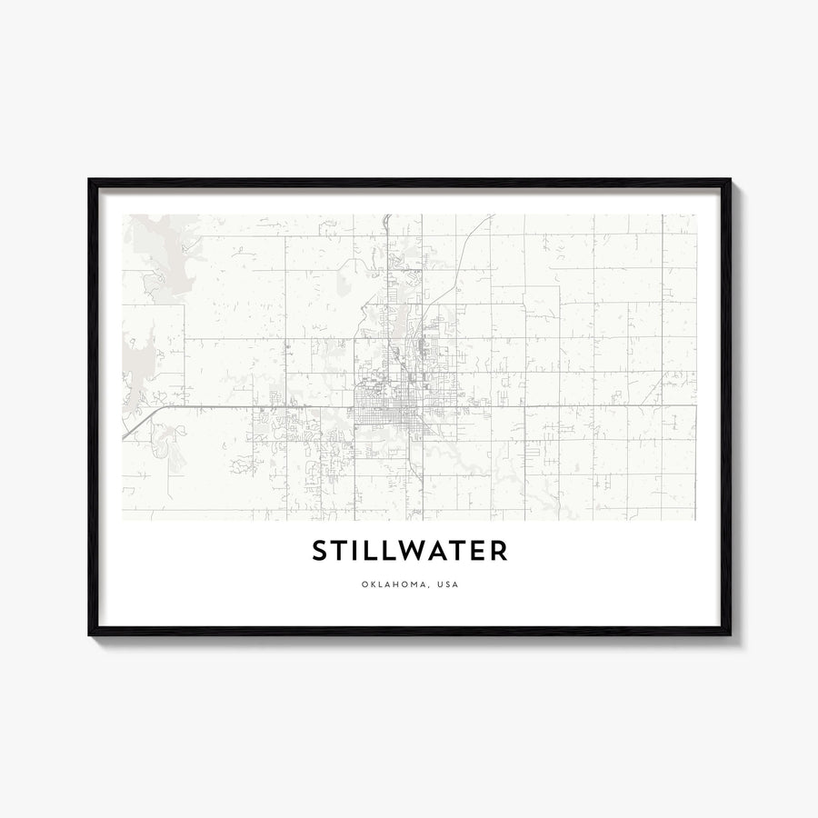 Stillwater black & white map poster of Oklahoma, USA – horizontal wall art, unframed print shown in interior mockup