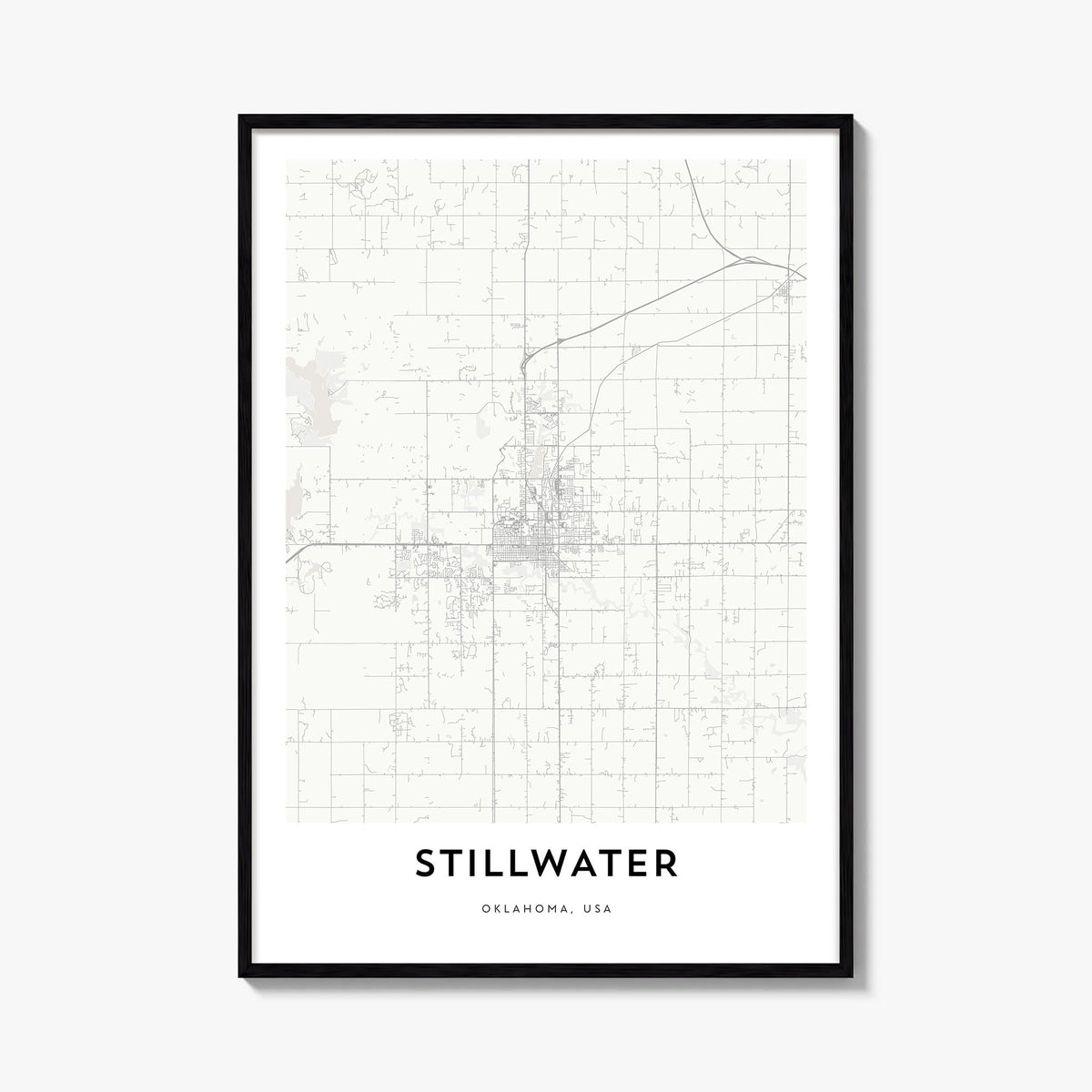 Stillwater black & white map poster of Oklahoma, USA – vertical wall art, unframed print shown in interior mockup