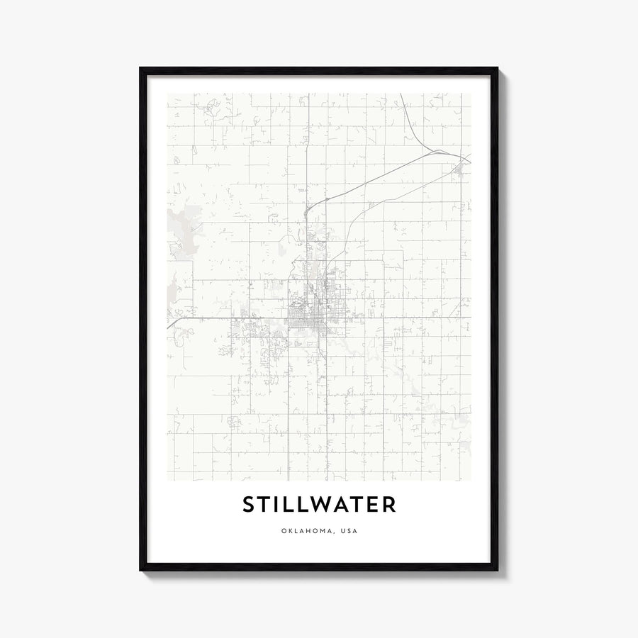 Stillwater black & white map poster of Oklahoma, USA – vertical wall art, unframed print shown in interior mockup
