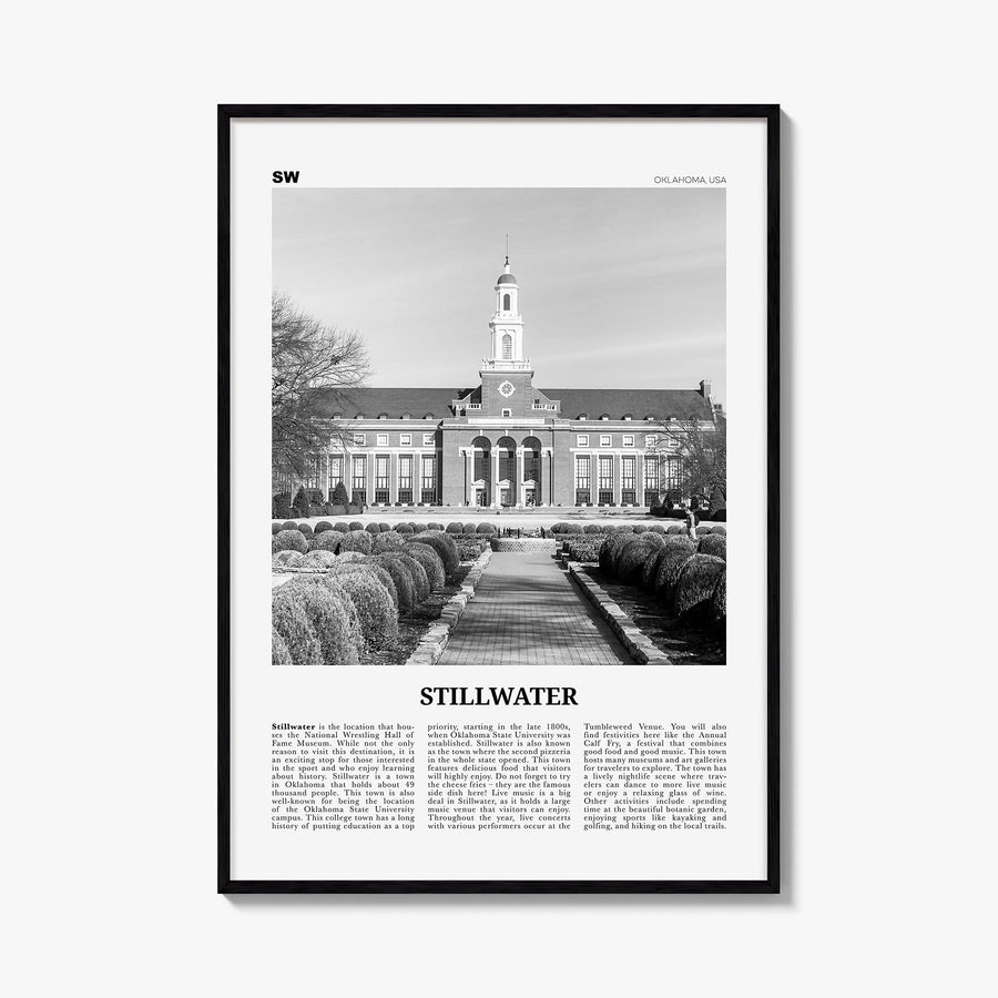 Stillwater black & white newspaper poster of Oklahoma, USA – vertical wall art, unframed print shown in interior mockup