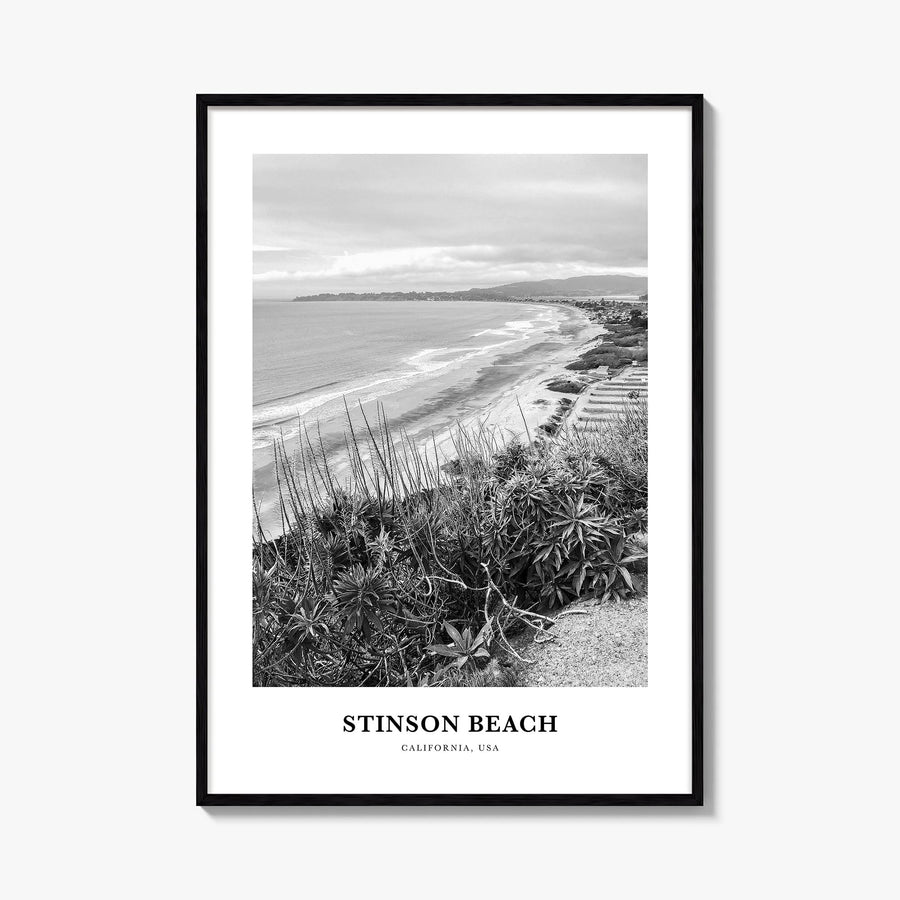 Stinson Beach black & white classic poster of California, USA – vertical wall art, unframed print shown in interior mockup
