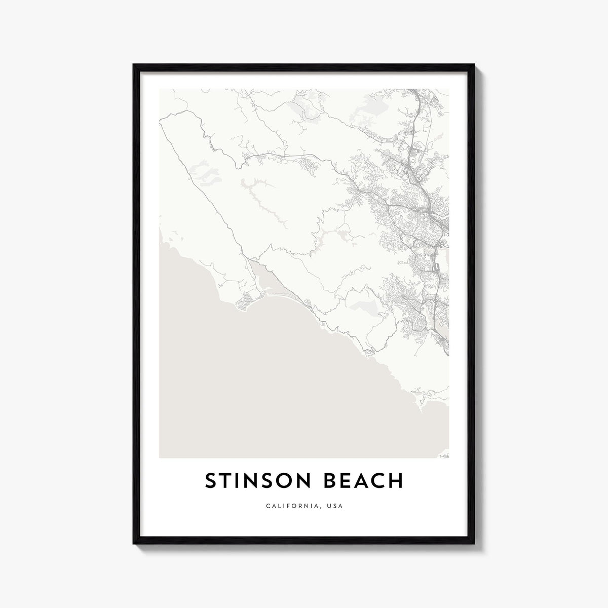 Stinson Beach black & white map poster of California, USA – vertical wall art, unframed print shown in interior mockup