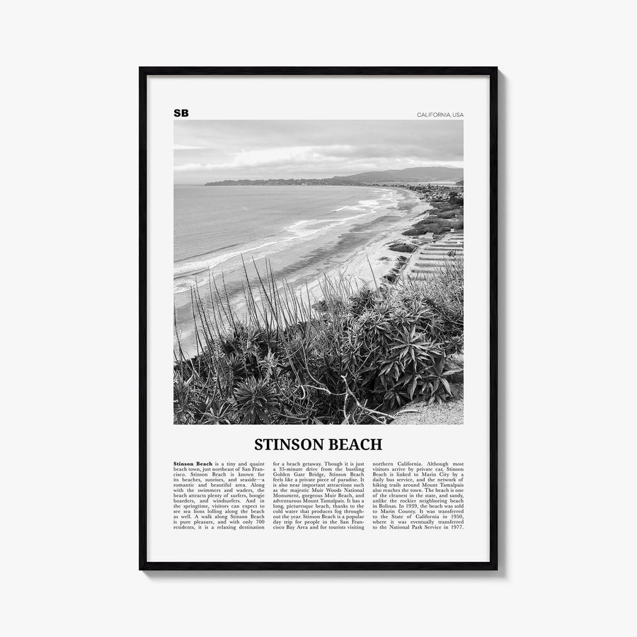 Stinson Beach black & white newspaper poster of California, USA – vertical wall art, unframed print shown in interior mockup