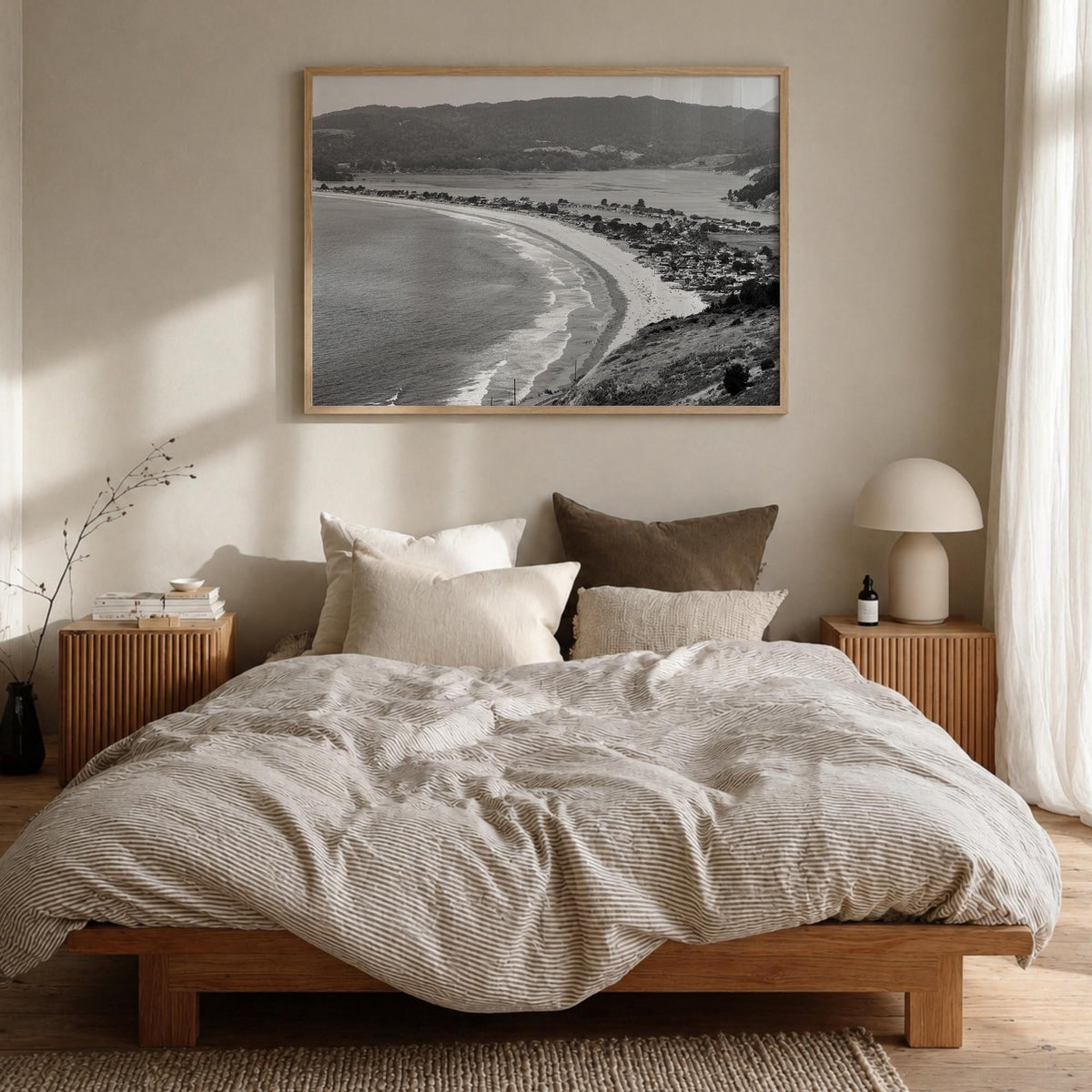 Stinson Beach black & white photo poster of California, USA – horizontal wall art in natural wood frame, hanging on wall