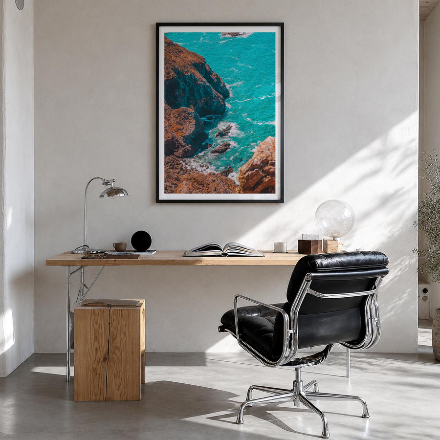 Stinson Beach colorful photo poster of California, USA – vertical wall art in black wood frame with white border, hanging on 