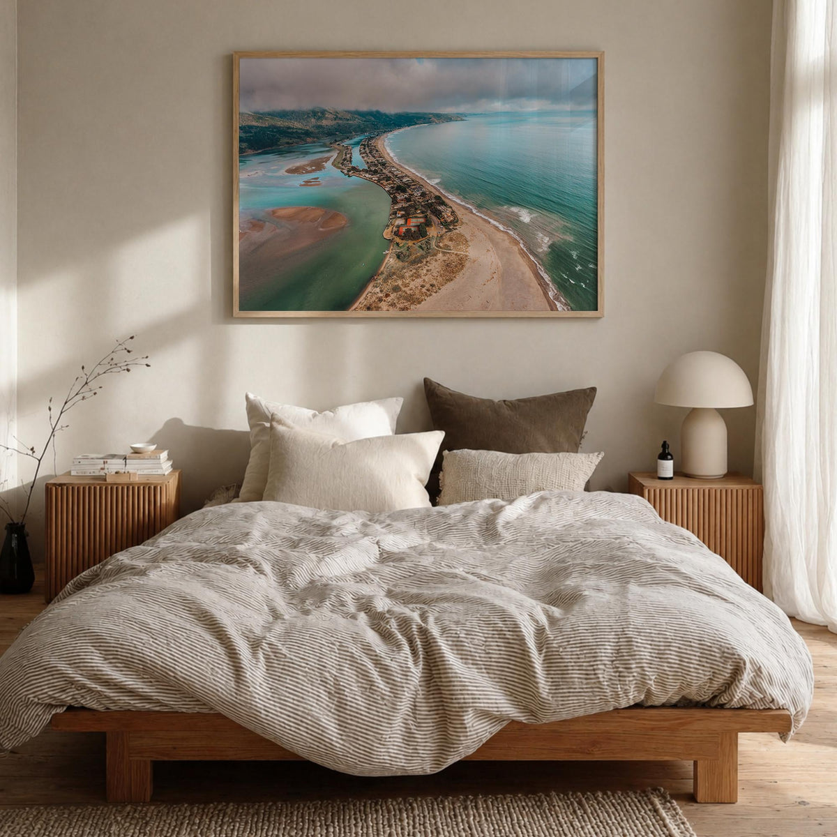 Stinson Beach colorful photo poster of California, USA – horizontal wall art in natural wood frame, hanging on wall