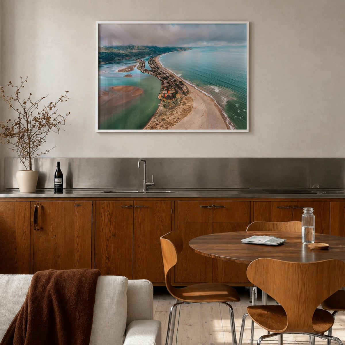 Stinson Beach colorful photo poster of California, USA – horizontal wall art in white wood frame, hanging on wall