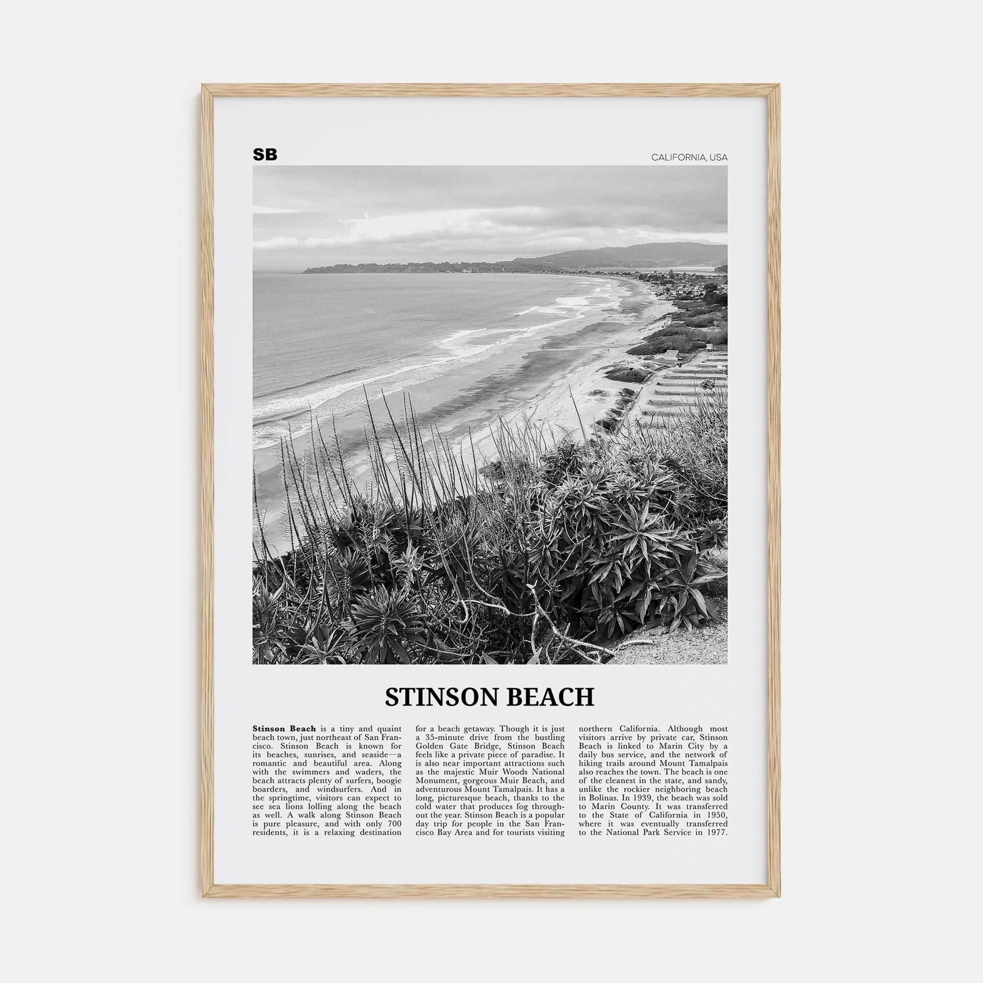 Stinson Beach Poster Natural Wood / 8x12 in Nbourhood Travel B&W Poster