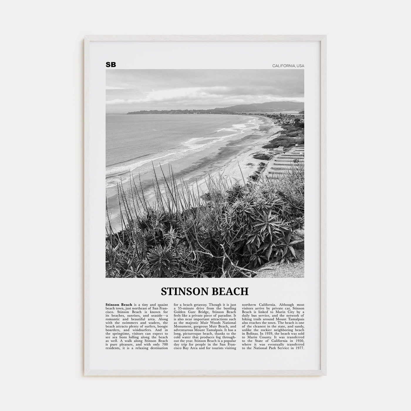 Stinson Beach Poster White Wood / 8x12 in Nbourhood Travel B&W Poster