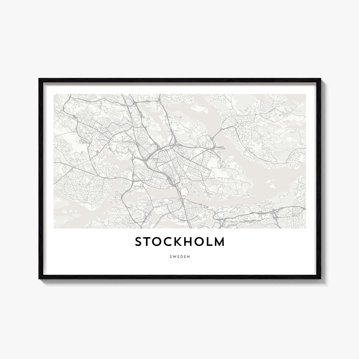 Stockholm black & white map poster of Sweden – horizontal wall art, unframed print shown in interior mockup