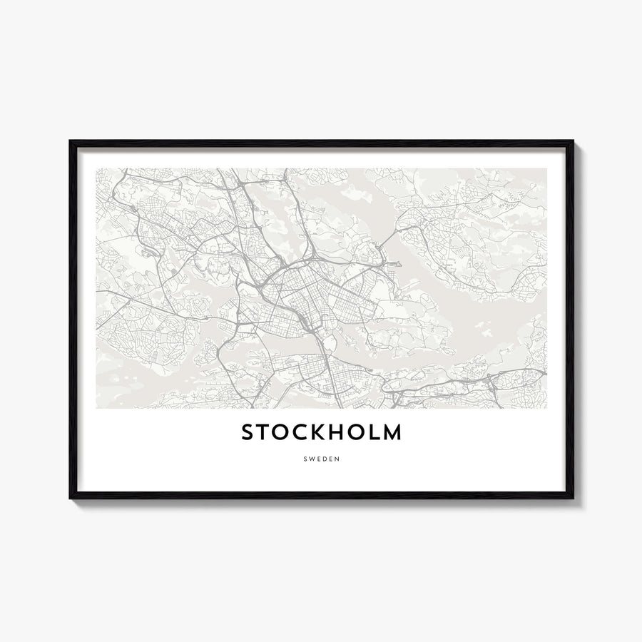 Stockholm black & white map poster of Sweden – horizontal wall art, unframed print shown in interior mockup