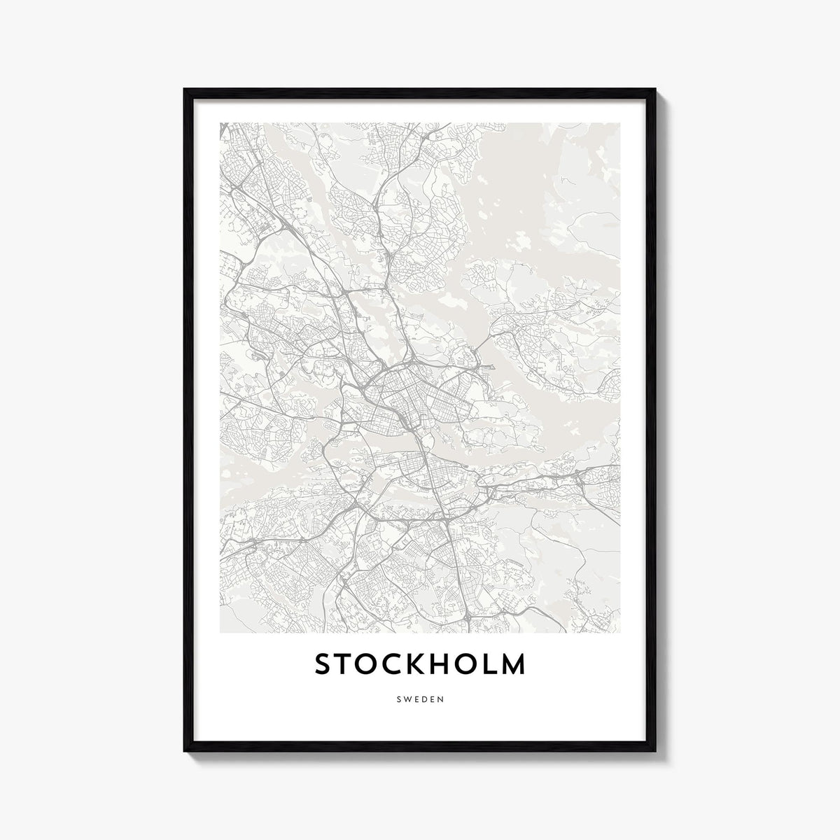 Stockholm black & white map poster of Sweden – vertical wall art, unframed print shown in interior mockup