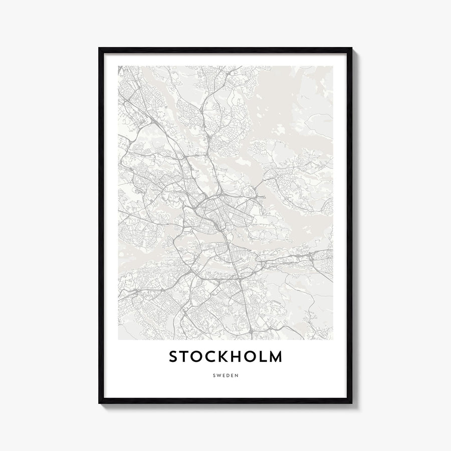 Stockholm black & white map poster of Sweden – vertical wall art, unframed print shown in interior mockup