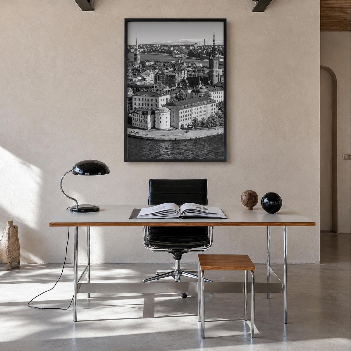 Stockholm black & white photo poster of Sweden – vertical wall art in black wood frame, hanging on wall