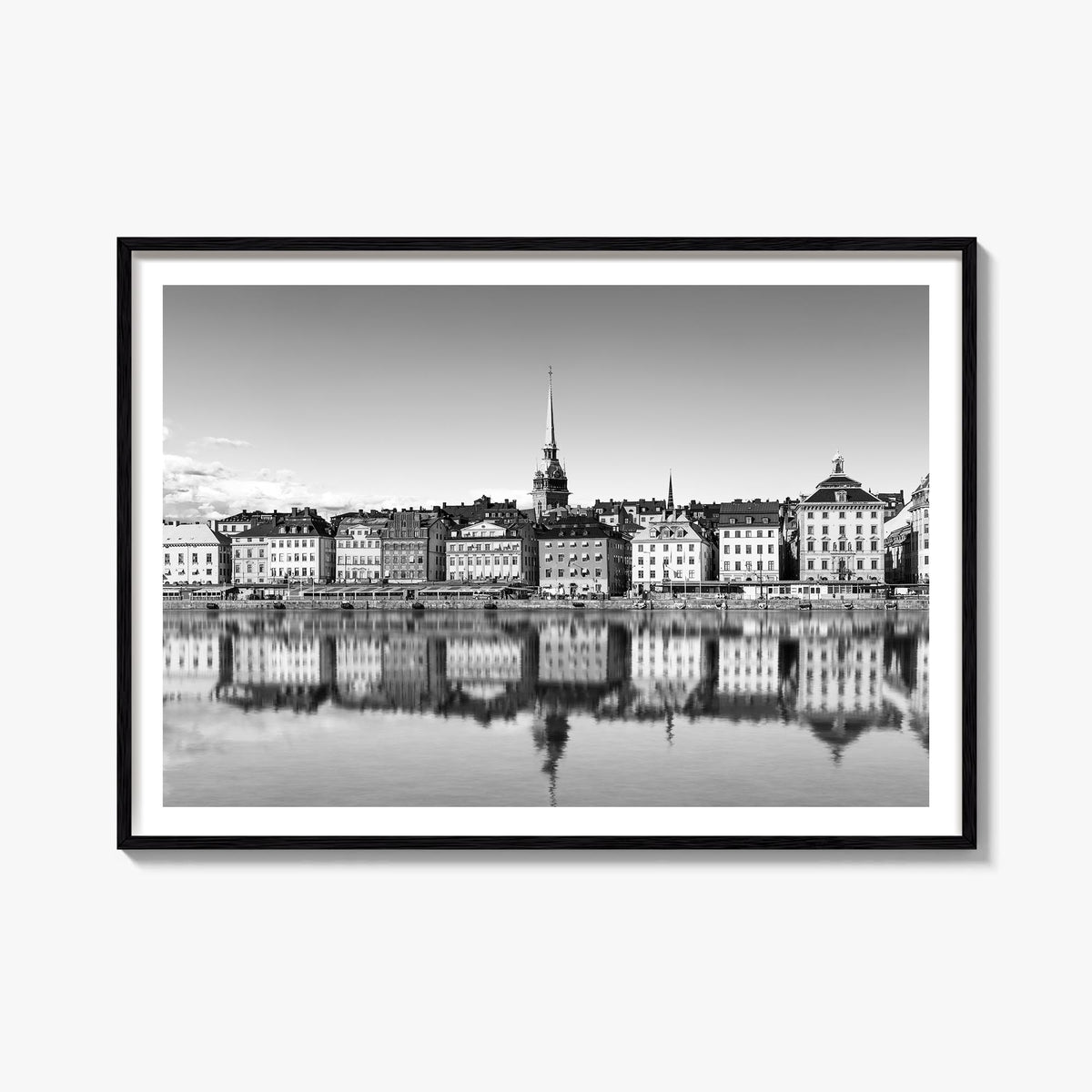 Stockholm black & white photo poster of Sweden – horizontal wall art, unframed print shown in interior mockup