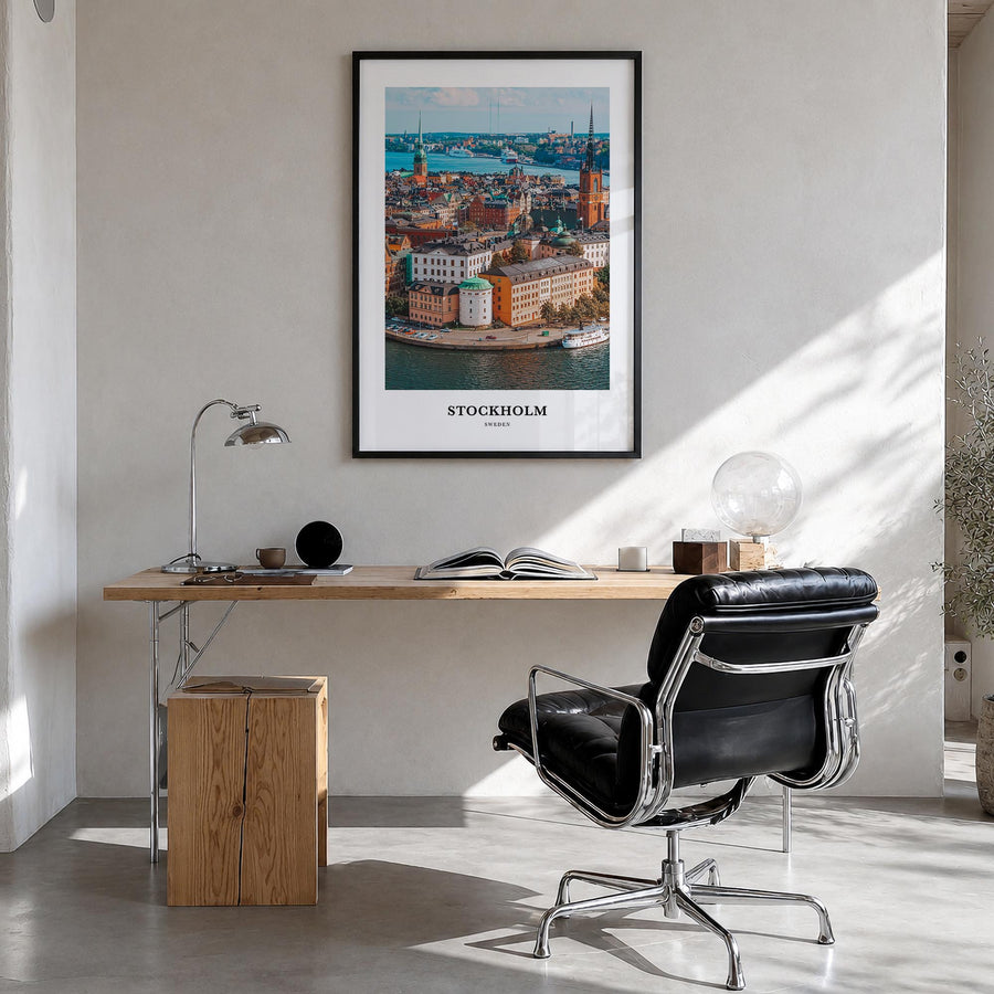 Stockholm colorful classic poster of Sweden – vertical wall art in black wood frame, hanging on wall