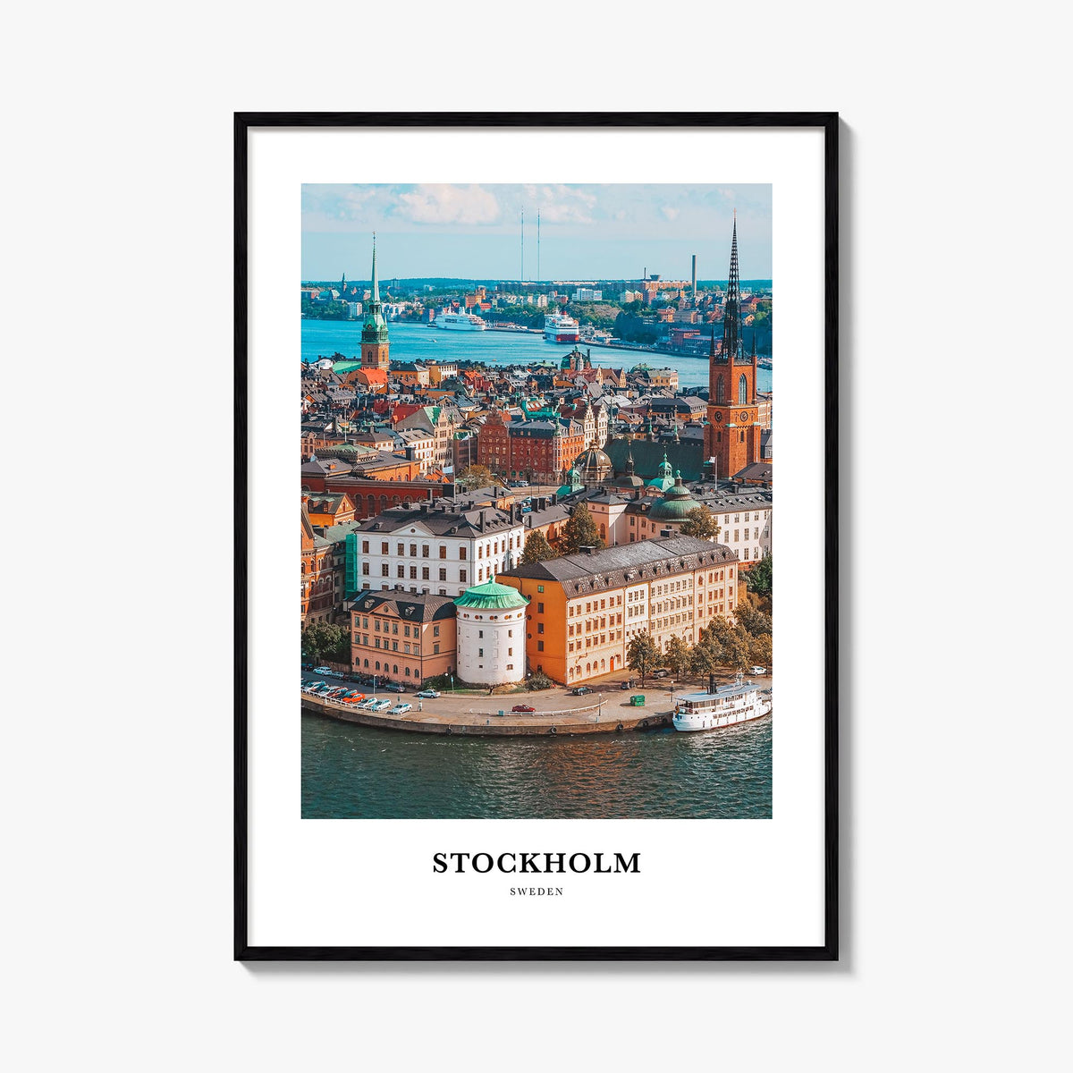 Stockholm colorful classic poster of Sweden – vertical wall art, unframed print shown in interior mockup