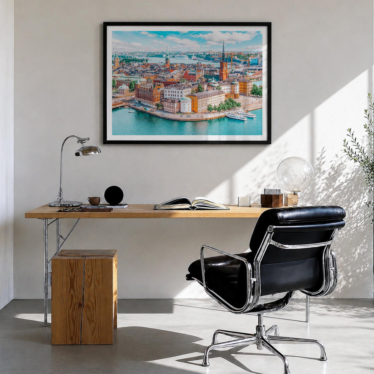 Stockholm colorful photo poster of Sweden – horizontal wall art in black wood frame with white border, hanging on wall