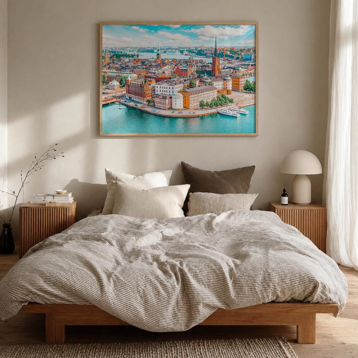 Stockholm colorful photo poster of Sweden – horizontal wall art in natural wood frame, hanging on wall