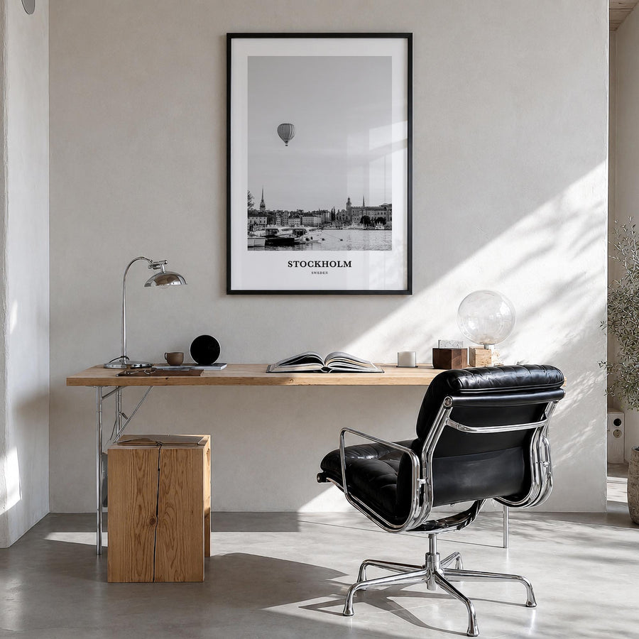 Stockholm no. 1 black & white classic poster of Sweden – vertical wall art in black wood frame, hanging on wall