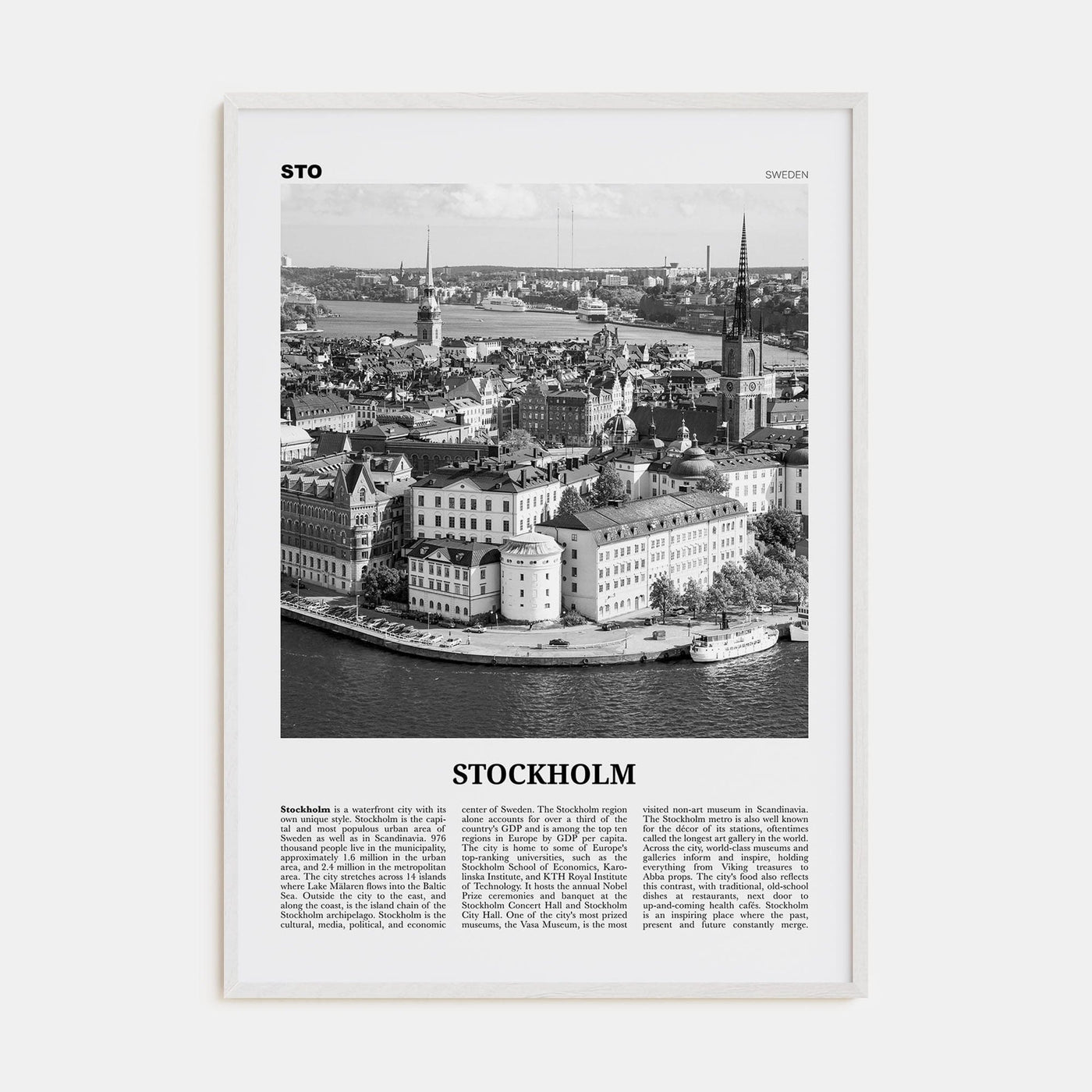 Stockholm No 1 Poster White Wood / 8x12 in Nbourhood Travel B&W Poster