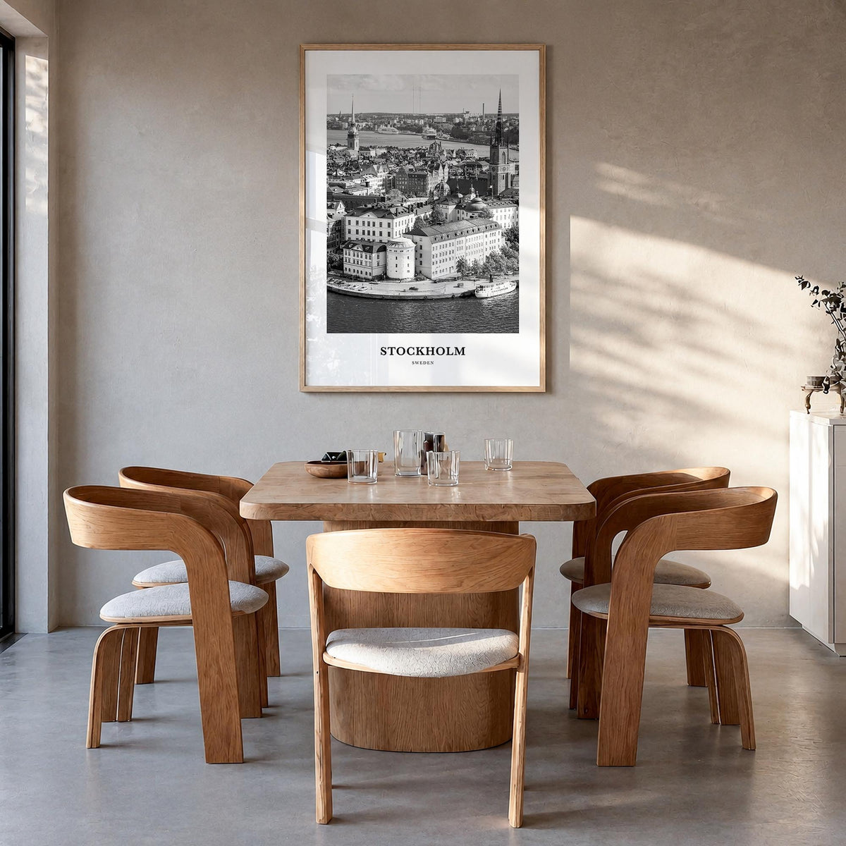 Stockholm no. 2 black & white classic poster of Sweden – vertical wall art in natural wood frame, hanging on wall
