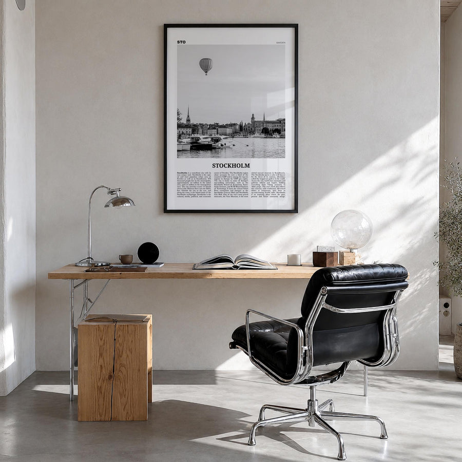 Stockholm no. 2 black & white newspaper poster of Sweden – vertical wall art in black wood frame, hanging on wall