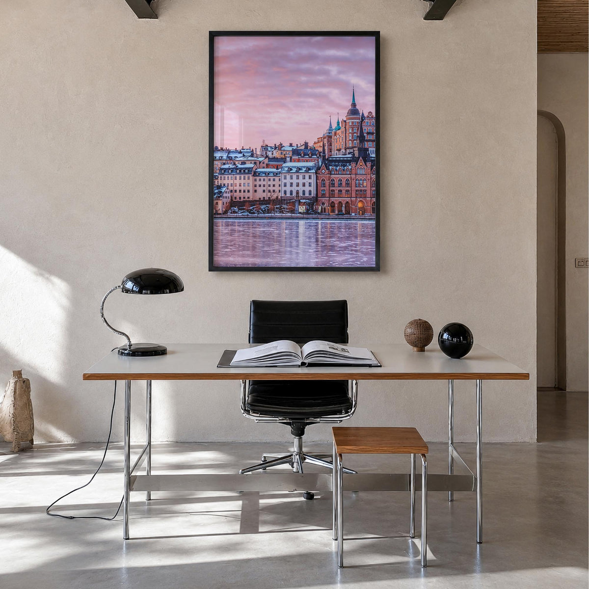 Stockholm no. 2 colorful photo poster of Sweden – vertical wall art in black wood frame, hanging on wall