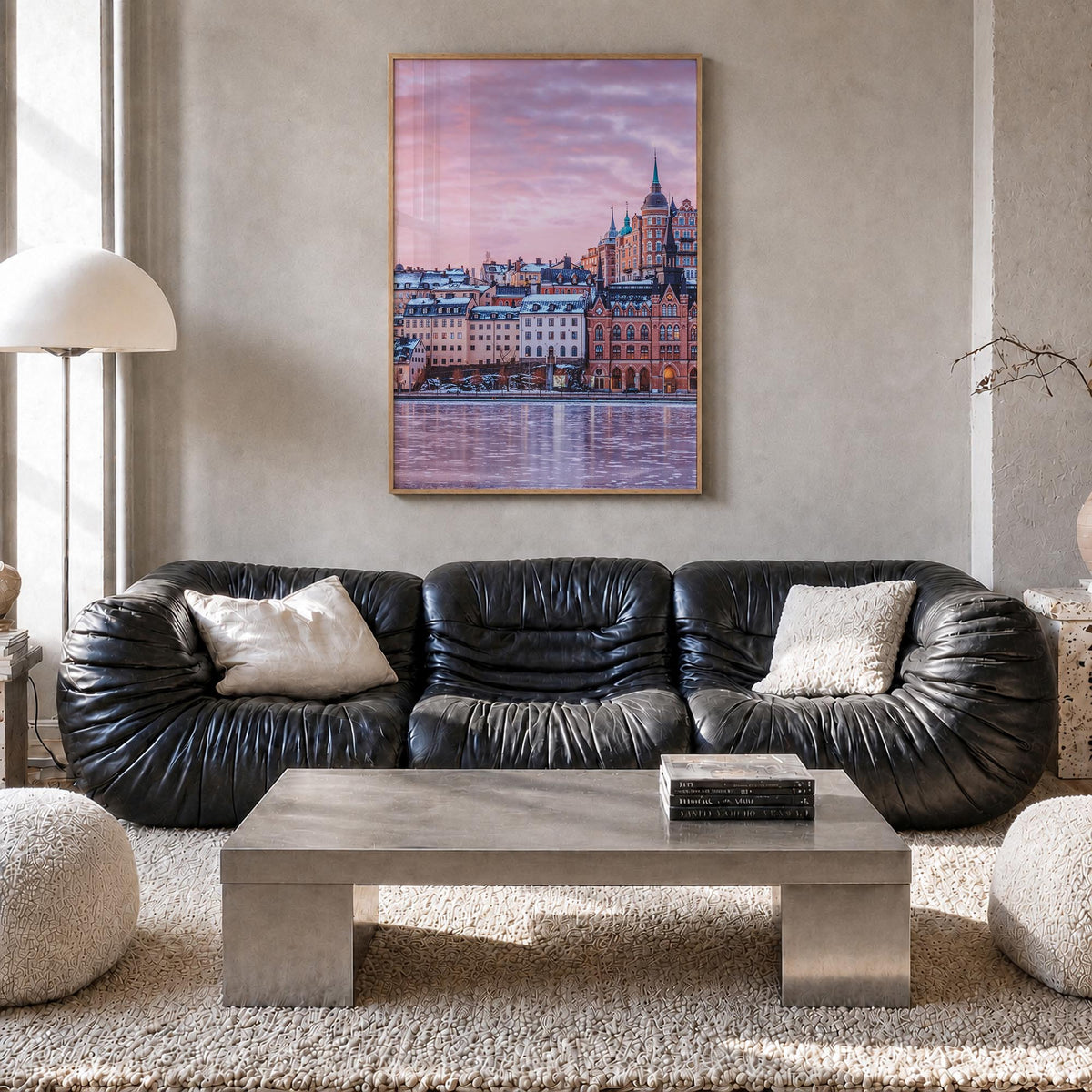 Stockholm no. 2 colorful photo poster of Sweden – vertical wall art in natural wood frame, hanging on wall