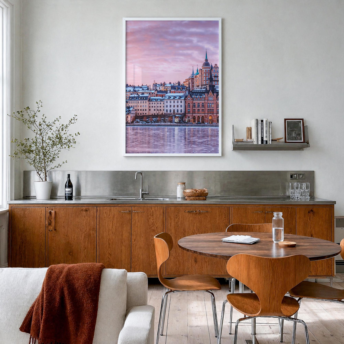 Stockholm no. 2 colorful photo poster of Sweden – vertical wall art in white wood frame, hanging on wall
