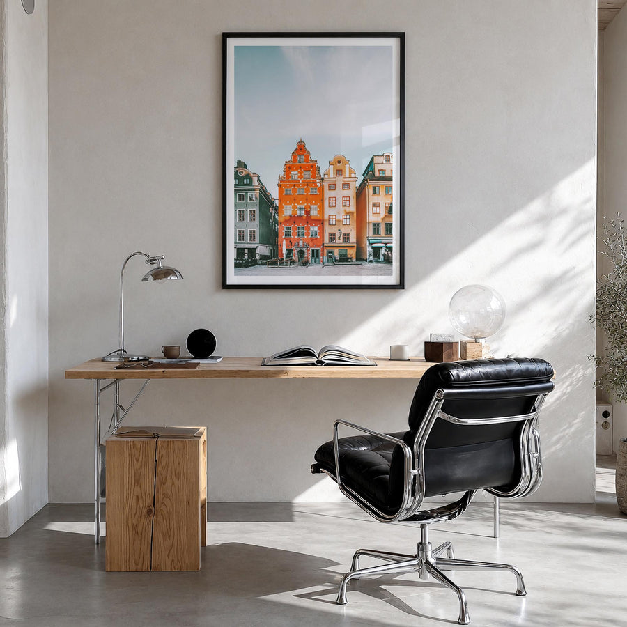 Stockholm no. 3 colorful photo poster of Sweden – vertical wall art in black wood frame with white border, hanging on wall