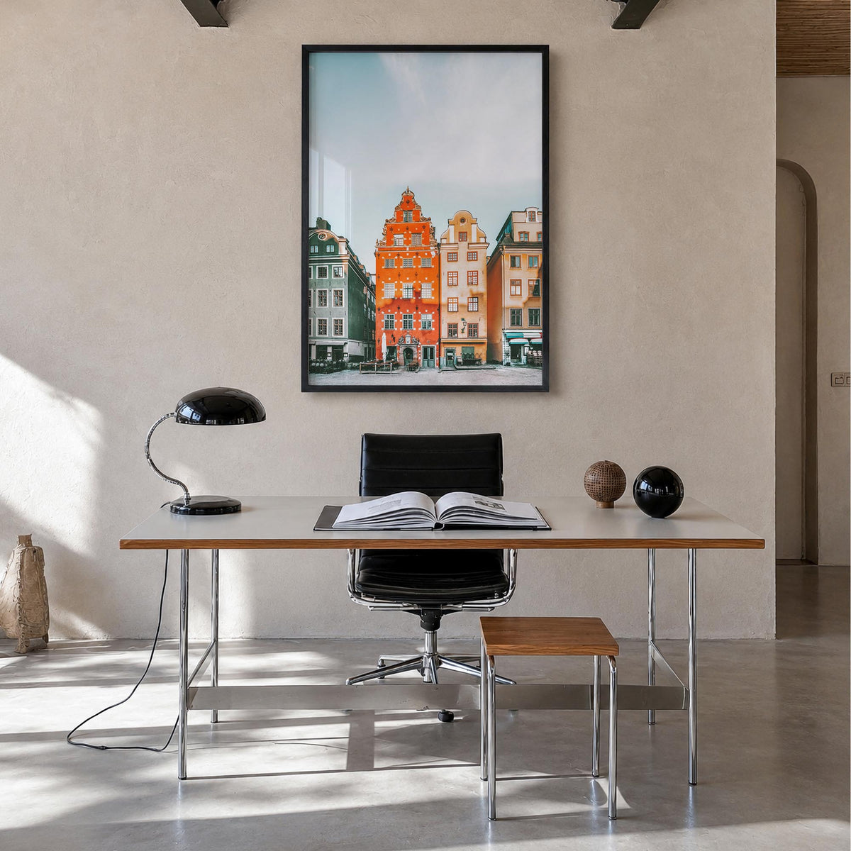 Stockholm no. 3 colorful photo poster of Sweden – vertical wall art in black wood frame, hanging on wall