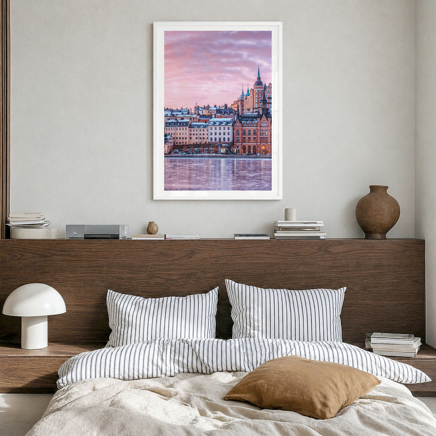 Stockholm Photo No 2 Poster in a white wood frame, hanging in a bedroom, white border