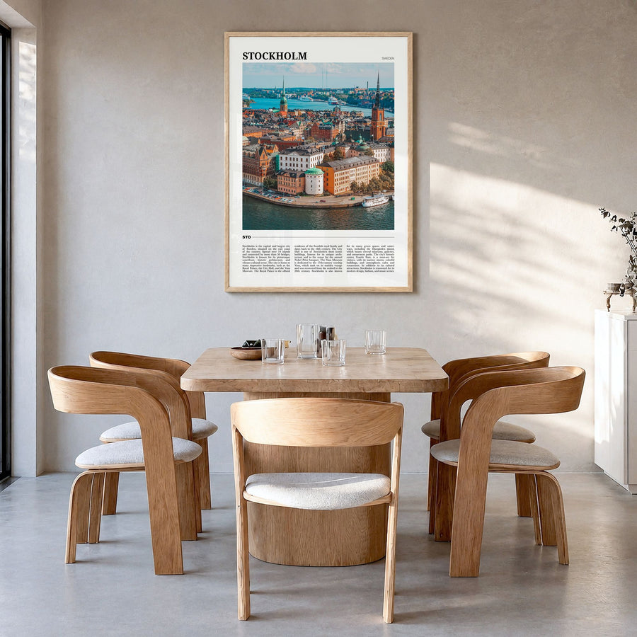 Stockholm Travel Poster in a natural wood frame, hanging in a dining room